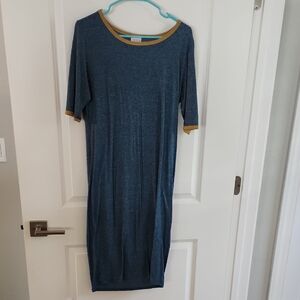 LuLaRoe Denim Blue Midi Dress with Mustard Accents